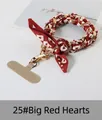 Short phone strap wristlet with red heart fabric ribbon and golden metal chain link - 25# Big Red Hearts