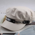 Chic cream white leather baker boy hat for women with rhinestone buckle and black strap - One Size 58cm / Beige Rhinestone Decor Style