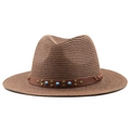 Detail of woven straw fedora featuring a leather band with turquoise beads and metal studs - M(56-58cm) / Brown