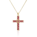 Macro detail of gold-plated cross necklace with red square zircons and clear gems - Red Zirconia