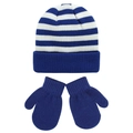 Detail of kids striped knit beanie and matching solid blue mittens two-piece set - S / Mittens Style / Blue and White Stripes