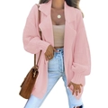Close-up of pink knit cardigan showing notched lapel and soft textured fabric detail - S / Pink
