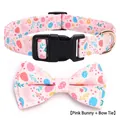 Pink Easter pet collar with bow tie featuring bunny and egg patterns and gold D-ring - Easter Bunny + Bowtie