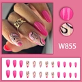 Uñas postizas almendra rosas con líneas abstractas negras y doradas y color melocotón - Estilo de pegamento de líneas irregulares rosas (W855)
