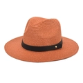 Detail of orange paper straw fedora hat featuring black leather band and gold metal rivet - M(56-58cm) / Caramel color
