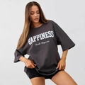 Dunkelgraues Oversize-Baumwoll-T-Shirt mit weißem Happiness-Typografie-Aufdruck - S / Dunkelgrau