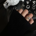 Adjustable silver layered wave ring with black zircon in a minimalist geometric style - No. 47 Open Ring