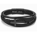 Men's multi-layer black leather cross bracelet with engraved magnetic metal clasp - Love you forever Black