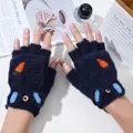 Navy blue winter knitted half-finger gloves with orange carrot embroidery detail - One Size / Navy Blue (Large Carrot)