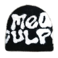 Detail of black knit beanie featuring white fuzzy MEA CULPA letters with plush texture - M(54-60cm) / Black with White Letters