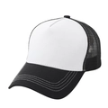 Close-up of breathable mesh back and stitch details on black and white trucker hat - Adjustable / Black and White