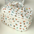 Quilted cotton vanity bag with cute bear and orange flower prints in white finish - Flower Bear