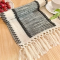 Woven cotton linen table runner in black and white stripes with knotted tassels - Wide Stripe Black - Knotted Tassels / 30*50cm