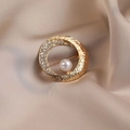 Elegant gold alloy circular brooch with ripple texture, crystals, and a center white pearl - 561# Ring