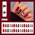 Cat eye heart and checkered press on nails set in burgundy black and white colors - Shimmering Heart Argyle Style (W2100) / Shimmering Red Black White Color
