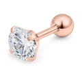 Detail of rose gold 4-prong stud earring featuring a brilliant white round cubic zirconia - 2mm / Rose Gold