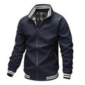 Men's navy blue casual sports jacket with striped rib-knit collar and zipper pockets - S / Blue