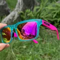 Close-up of KDEAM polarized sports sunglasses with purple lenses and cyan frame - Aqua-Pink Mixed / Mirrored Purple Lens