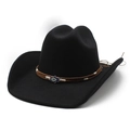 Black wool felt western cowboy hat with wide brim and ornate Hamsa Hand decoration - M (56-58cm) / Black