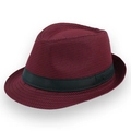 Men's breathable linen trilby hat featuring a classic red and black houndstooth pattern - Burgundy
