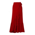 Detail of red wrap skirt with waist tie and cascading ruffle hem in lightweight fabric - One Size / Single Red Skirt