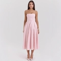 Elegant pale pink strapless midi dress with corseted waist and flared pleated skirt - S / Pink