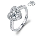 Classic S925 sterling silver ring with heart shaped halo and zircon center stone - Adjustable Open / Luxury Heart Halo 1ct