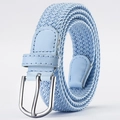 Elastic woven canvas belt in navy blue with silver buckle and leather trim detail - Sky Blue