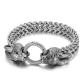 Vintage double wolf head woven titanium steel bracelet for men with retro silver finish - Double Wolf Head Woven Style (KB144590-KJX)