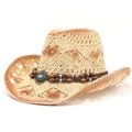 Close-up of woven straw cowboy hat featuring wooden beads and turquoise stone detailing - One Size (56-58cm) / Rice Camel
