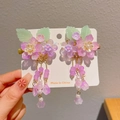 Pink and purple flower hair clip with long tassel beads for girl's Hanfu costume - 64# Double Flower Purple Pair