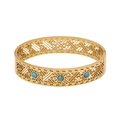 Vintage gold hollow-out cuff bracelet featuring three turquoise round stones in metal - Greek Fret Turquoise Style (2#)