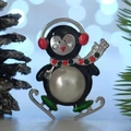 Festive penguin brooch with white pearl and rhinestone scarf on a Christmas background - Skating Snowman