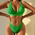 Detail of lime green ribbed fabric bikini set with wide straps and high cut bottom - S / Green