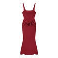 Elegant wine red backless maxi fishtail dress with refined waist pleats for women - XS / Red