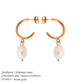 Baroque freshwater pearl hoop earrings in rose gold stainless steel, 8x8mm pendant size - Rose Gold