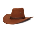 Detail of caramel faux suede cowboy hat showing braided rope and metal ventilation eyelets - One Size / Light Coffee