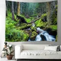 Tapisserie murale de cascade de forêt avec arbres verts et rochers moussus décoratifs - 150x130cm / Paysage de Ruisseau de Forêt