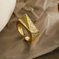 Luxury gold-plated open ring with geometric zircon inlay on a soft beige background - 13894-Geometric Hollow Micro Pave