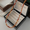 Agate beaded necklace with long cylindrical carnelian beads and gold spacer beads - Red Agate Necklace XL0390
