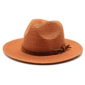 Detailed texture of burnt orange woven straw hat with suede band and gold buckle - M (56-58cm) / Caramel
