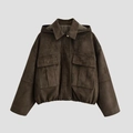 Chaqueta bomber marrón de ante con capucha, bolsillos grandes y cintura elástica - XS / Verde Militar