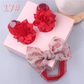 Infant gift set featuring red floral baby shoes and matching lace bow headband - Style 17 (Red Flower Socks/Red Lace Floral Bow)