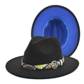 Détail d'un chapeau fedora bicolore avec intérieur bleu et ruban à motif serpent - M (56-58cm) / Noir + Bleu Royal