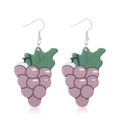 Cartoon style purple grape earrings with green leaves and silver hooks on white background - Grapes