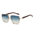 Double bridge square sunglasses with wood grain temples and blue yellow gradient lenses - Gold Frame Blue and Yellow Gradient Lens