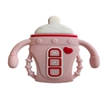 Baby silicone pacifier teether in pink bottle shape with ergonomic easy-grip handles - Feeding Bottle Teether / Pink