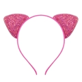 Detail of pink cat ear headband with shiny sequins and glitter finish on a white background - Watermelon red