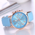 Women's Geneva fashion quartz watch with light blue leather strap and rose gold case - Light Blue