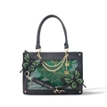 Detailed view of black goth tote bag with green butterfly charms and golden chains - Deep Green Butterfly